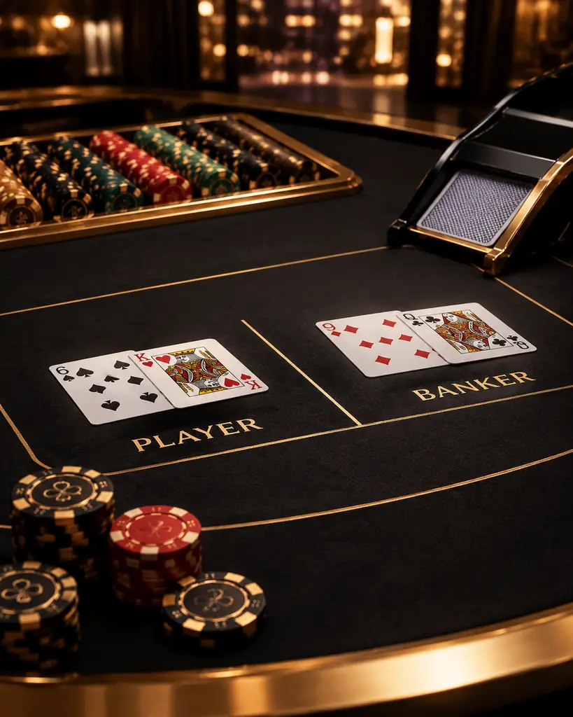 Meja baccarat dengan kartu dan keping